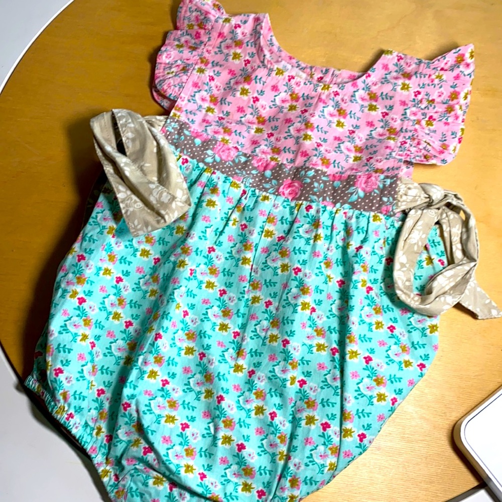 Mustard Pie baby boutique pink and sea foam green floral button back romper